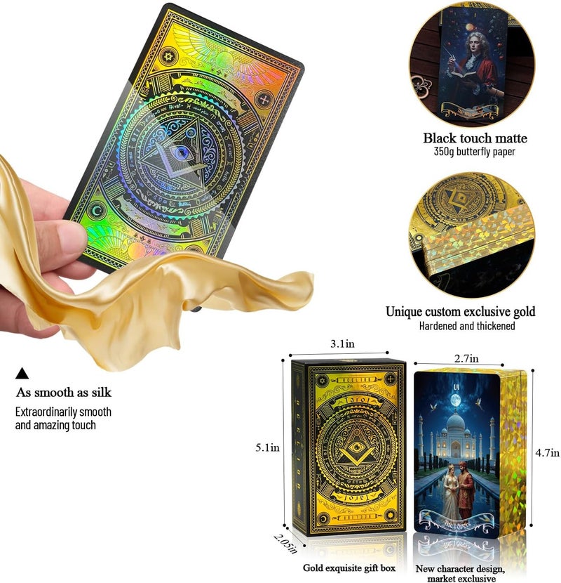 WJPC Gold Foil Edge Tarot Cards with Guide Book Set&Gift Box for Beginner& Expert. Original Design World History of Reverse Laser Gold - Image 2